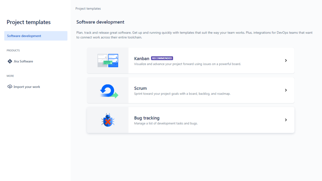 Screenshot of Jira Cloud setup Project templates