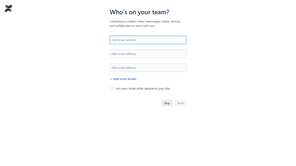 Screenshot of Confluence Cloud setup showing Who's on your team?